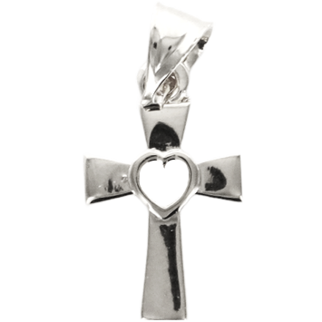 Croix de cou au centre coeur ajouré en argent 925 °/°° rhodié H 1.2 cm (0.70 g). Livrée en boîte.