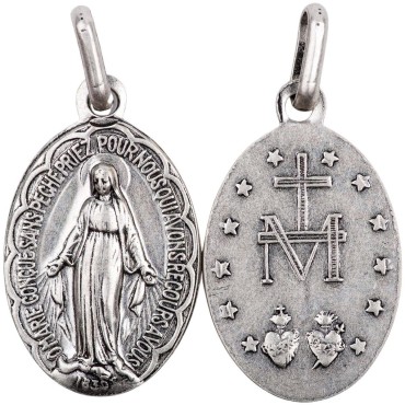 Médaille métal vieil argent H. 1.9 cm de la Vierge Miraculeuse inscription en Français