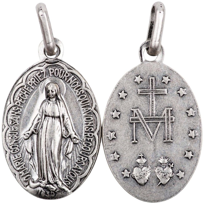 Médaille métal vieil argent H. 1.9 cm de la Vierge Miraculeuse inscription en Français