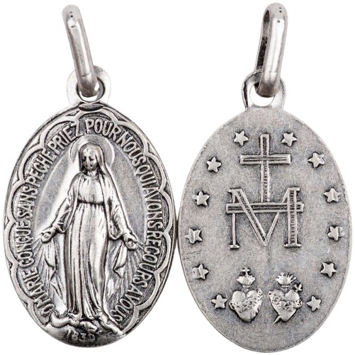 Médaille métal vieil argent H. 1.9 cm de la Vierge Miraculeuse inscription en Français