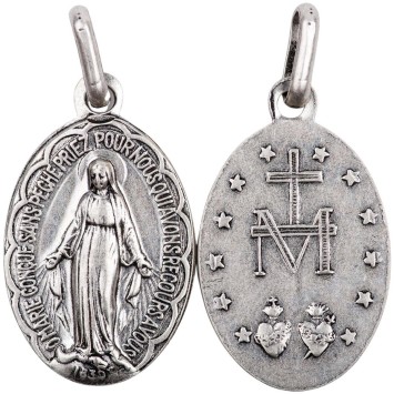 Médaille métal vieil argent H. 1.9 cm de la Vierge Miraculeuse inscription en Français