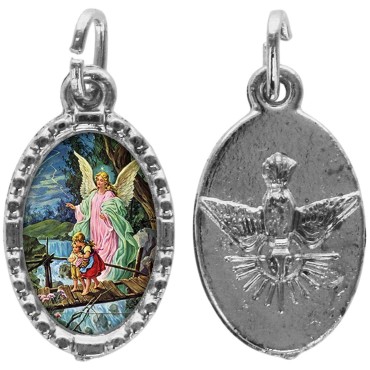 Médaille métal de couleur argentée ovale avec rebord effet dentelle H.1,5 cm avec résine. Disponible avec différents Saint