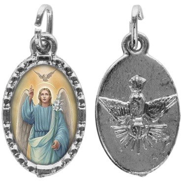 Médaille métal de couleur argentée ovale avec rebord effet dentelle H.1,5 cm avec résine. Disponible avec différents Saint