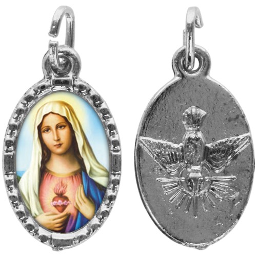 Médaille métal de couleur argentée ovale avec rebord effet dentelle H.1,5 cm avec résine. Disponible avec différents Saint