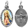 Médaille métal de couleur argentée ovale avec rebord effet dentelle H.1,5 cm avec résine. Disponible avec différents Saint