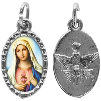 Médaille métal de couleur argentée ovale avec rebord effet dentelle H.1,5 cm avec résine. Disponible avec différents Saint