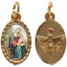 Médaille métal de couleur dorée ovale avec rebord effet dentelle H.1,5 cm avec résine. Disponible avec différents Saints