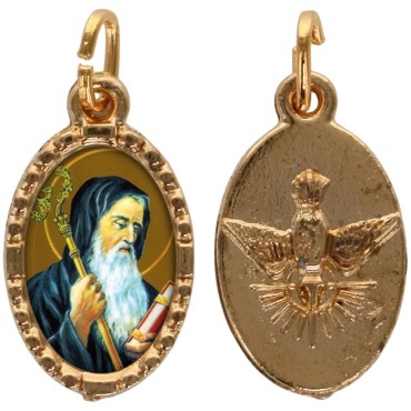 Médaille métal de couleur dorée ovale avec rebord effet dentelle H.1,5 cm avec résine. Disponible avec différents Saints