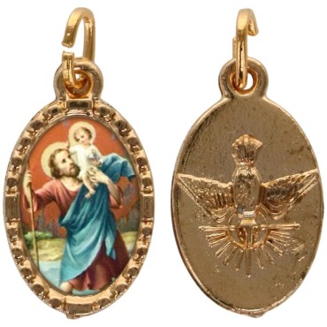 Médaille métal de couleur dorée ovale avec rebord effet dentelle H.1,5 cm avec résine. Disponible avec différents Saints