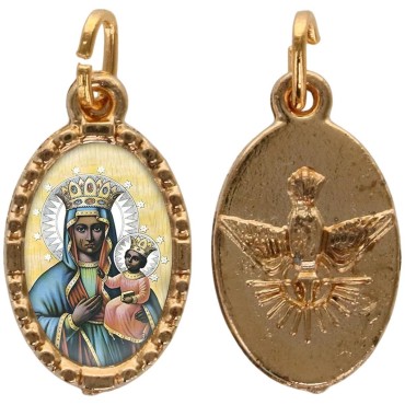 Médaille métal de couleur dorée ovale avec rebord effet dentelle H.1,5 cm avec résine. Disponible avec différents Saints