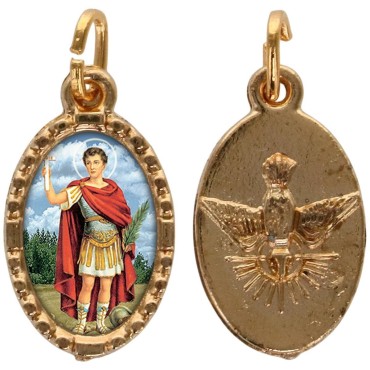 Médaille métal de couleur dorée ovale avec rebord effet dentelle H.1,5 cm avec résine. Disponible avec différents Saints