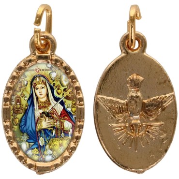 Médaille métal de couleur dorée ovale avec rebord effet dentelle H.1,5 cm avec résine. Disponible avec différents Saints