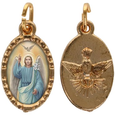 Médaille métal de couleur dorée ovale avec rebord effet dentelle H.1,5 cm avec résine. Disponible avec différents Saints