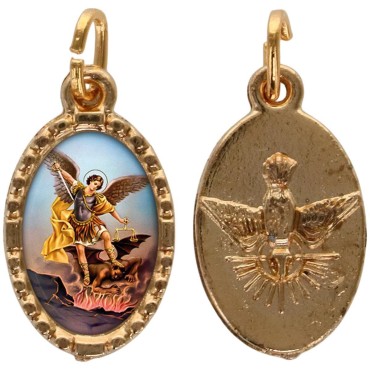 Médaille métal de couleur dorée ovale avec rebord effet dentelle H.1,5 cm avec résine. Disponible avec différents Saints