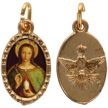 Médaille métal de couleur dorée ovale avec rebord effet dentelle H.1,5 cm avec résine. Disponible avec différents Saints