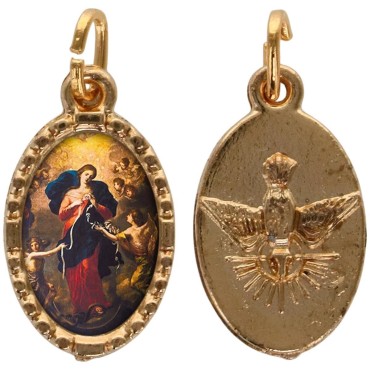 Médaille métal de couleur dorée ovale avec rebord effet dentelle H.1,5 cm avec résine. Disponible avec différents Saints