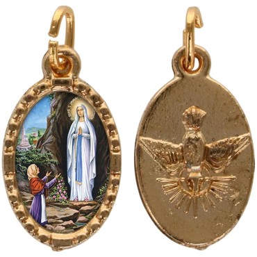 Médaille métal de couleur dorée ovale avec rebord effet dentelle H.1,5 cm avec résine. Disponible avec différents Saints