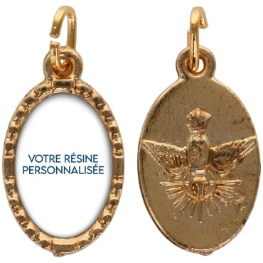 Médaille métal de couleur dorée ovale avec rebord effet dentelle H.1,5 cm avec résine. Disponible avec différents Saints