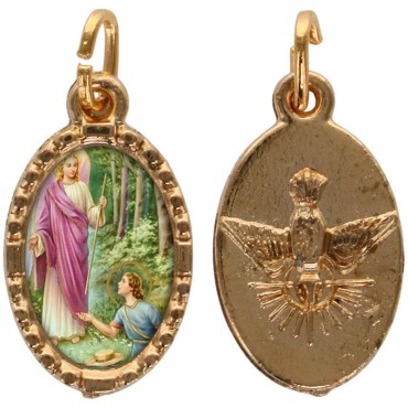 Médaille métal de couleur dorée ovale avec rebord effet dentelle H.1,5 cm avec résine. Disponible avec différents Saints