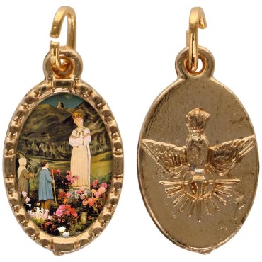Médaille métal de couleur dorée ovale avec rebord effet dentelle H.1,5 cm avec résine. Disponible avec différents Saints