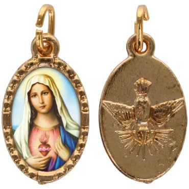 Médaille métal de couleur dorée ovale avec rebord effet dentelle H.1,5 cm avec résine. Disponible avec différents Saints