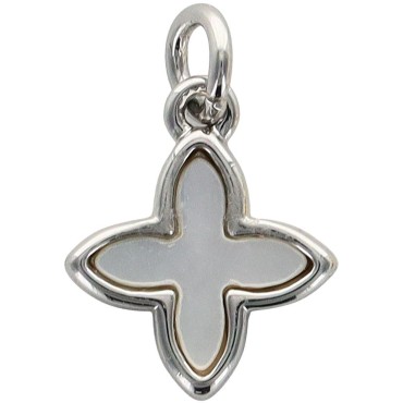 Croix de cou carrée petit modèle en laiton de couleur argentée et coquille d'eau douce  H. 8 mm