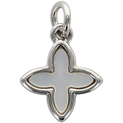 Croix de cou carrée petit modèle en laiton de couleur argentée et coquille d'eau douce  H. 8 mm