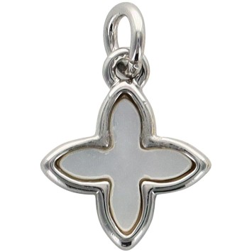 Croix de cou carrée petit modèle en laiton de couleur argentée et coquille d'eau douce  H. 8 mm