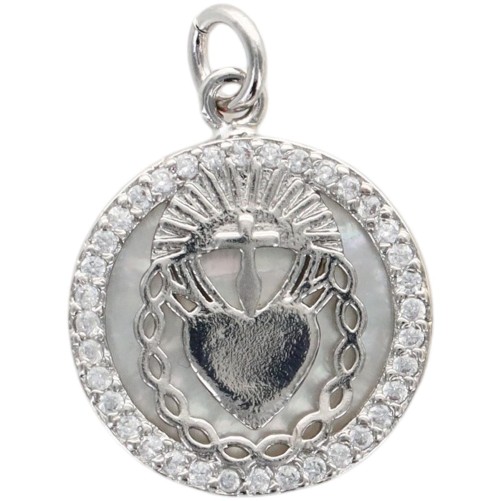 Médaille de l'EX-VOTO Ø 1.6 cm en laiton de couleur argenté, contour avec zircons et coquille naturelle.