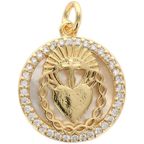 Médaille de l'EX-VOTO Ø 1.6 cm en laiton doré supérieur, contour avec zircons et coquille naturelle.