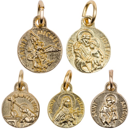 Médaille moulée en métal couleur dorée Ø. 1.2 cm. Plusieurs Saints