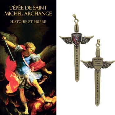 Pendentif épée de saint Michel 7 cm avec image prière.
