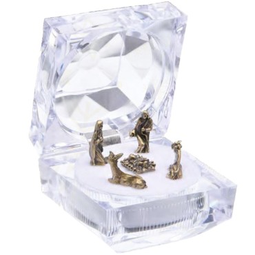 Mini crèche en métal style antique dans boite acrylique transparente effet diamant 4,8 cm.