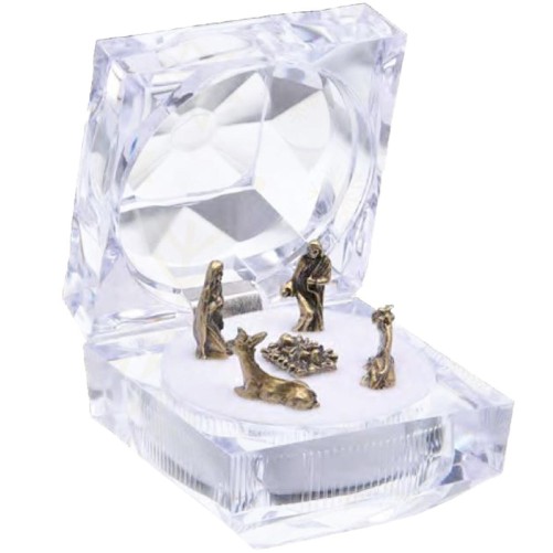 Mini crèche en métal style antique dans boite acrylique transparente effet diamant 4,8 cm.