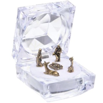Mini crèche en métal style antique dans boite acrylique transparente effet diamant 4,8 cm.