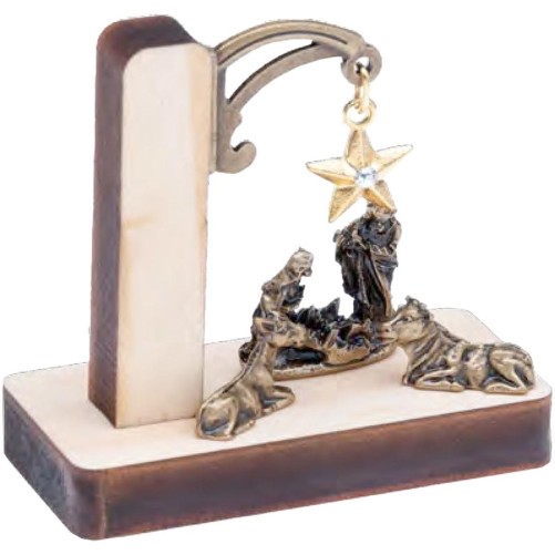 Mini crèche en métal couleur antique sur socle en bois avec étoile suspendue et strass 5,5 cm x 5 cm