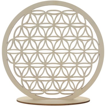 Support Fleur de vie en bois naturel sur socle diamètre 30 cm.