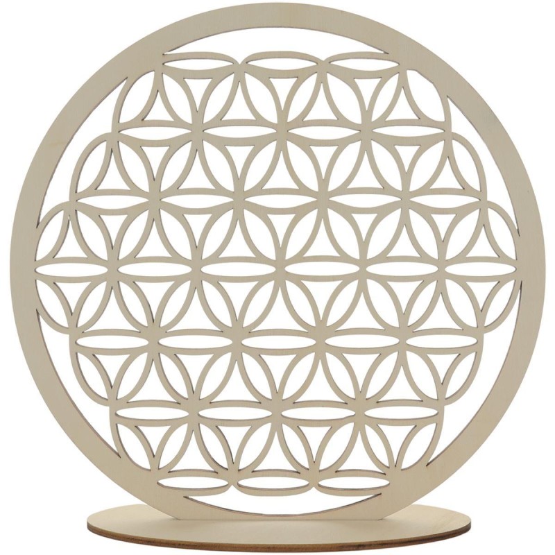 Support Fleur de vie en bois naturel sur socle diamètre 30 cm.