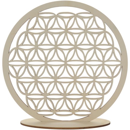 Support Fleur de vie en bois naturel sur socle diamètre 30 cm.