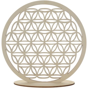 Support Fleur de vie en bois naturel sur socle diamètre 30 cm.