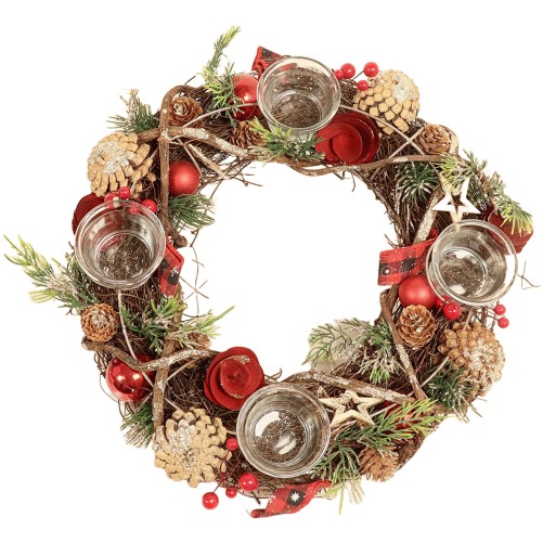 Couronne de l avent couleur rouge avec photophores pour bougies, Ø 34 cm