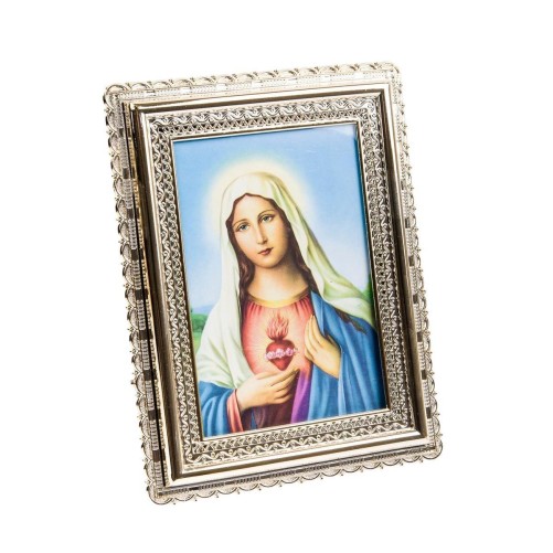 Cadre couleur dorée bord dentelle en plastique H. 19 x 14,5 cm avec image, plusieurs saints.