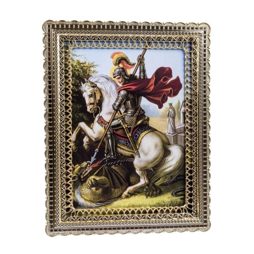 Cadre couleur dorée bord dentelle en plastique H. 28,2 x 22,2 cm avec image, plusieurs saints.