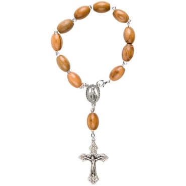 Dizainier sur chaine en bois d olivier ovale Ø 10 cm, fermoir, croix en métal avec Christ.