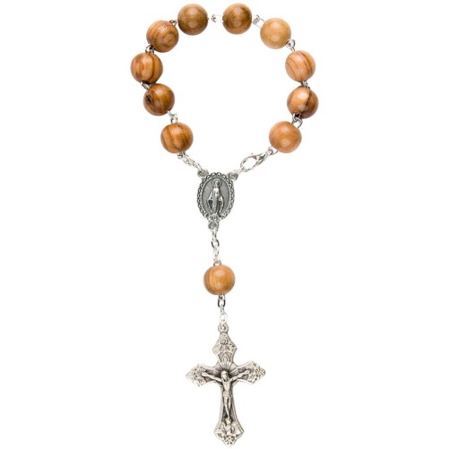 Dizainier sur chaine en bois d olivier Ø 10 cm, fermoir, croix en métal avec Christ.