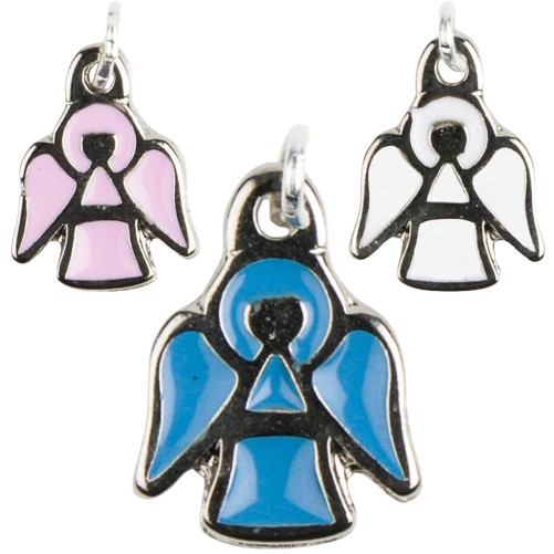 Médaille forme ange métal couleur argentée Ø 1 cm, émaillée plusieurs couleurs.