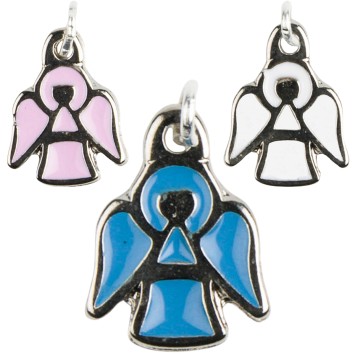 Médaille forme ange métal couleur argentée Ø 1 cm, émaillée plusieurs couleurs.