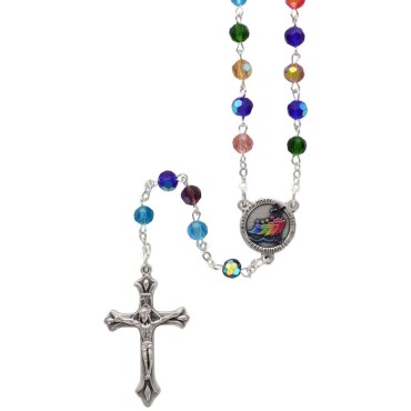 Chapelet grains verre s du Jubilé de l'espérance à facettes, Ø 6 mm sur chaîne, croix avec Christ.