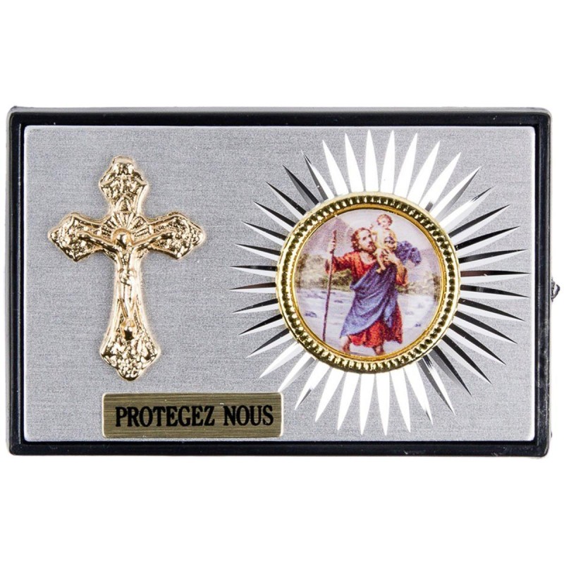 Plaque auto plastique forme rectangle dessus en alu H. 4 x 6 cm avec croix et résine de saint Christophe.