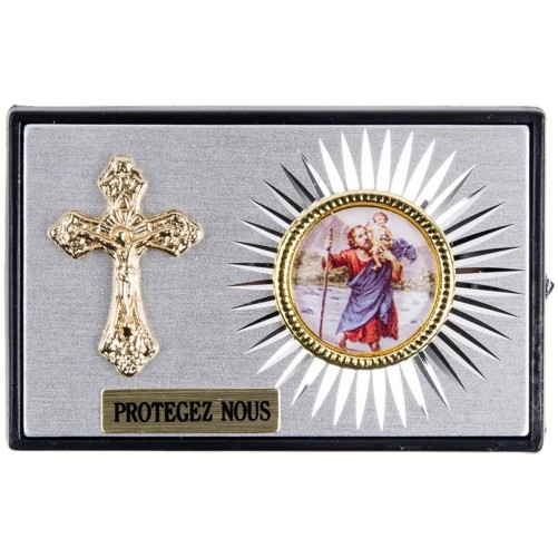 Plaque auto plastique forme rectangle dessus en alu H. 4 x 6 cm avec croix et résine de saint Christophe.